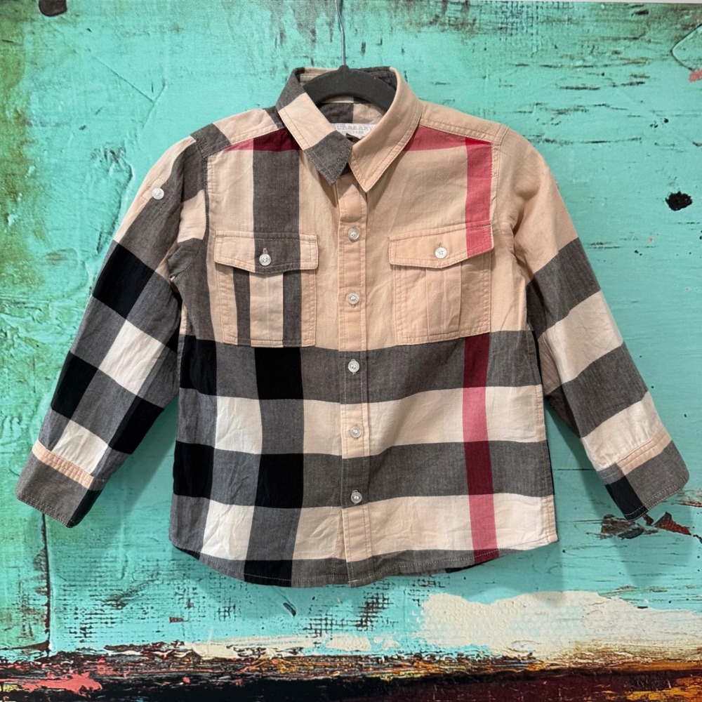 Burberry Children Boys Mega Check Button Down Shirt Beige 4Y 104cm Long Sleeve - Picture 10 of 11